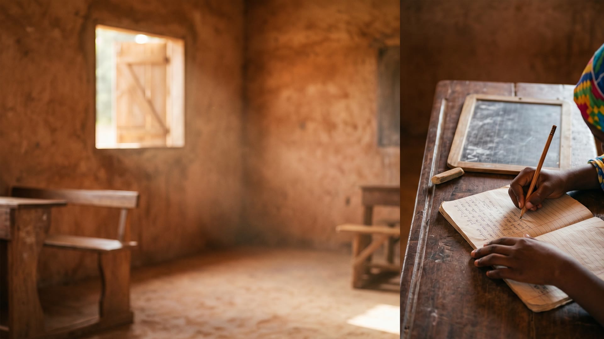 Salle de classe en zone rurale au Sénégal — élève écrivant dans son cahier près d'une ardoise