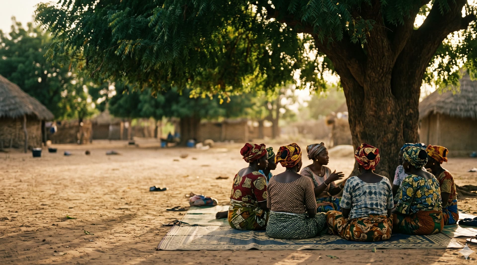Femmes sénégalaises réunies en cercle sous un arbre, échange communautaire dans un village