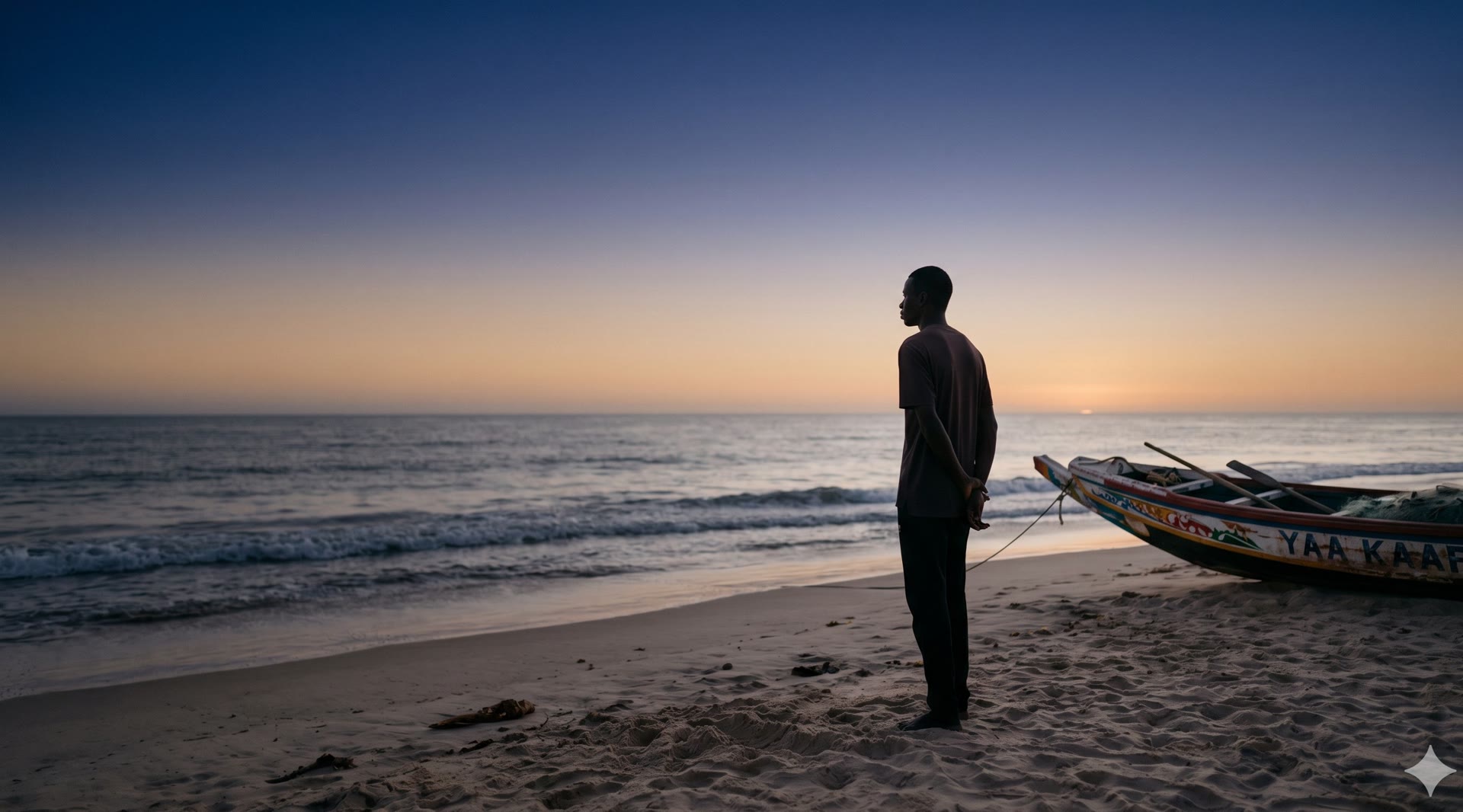 Jeune homme sur une plage du Sénégal à l'aube, regardant l'horizon, pirogue de pêche traditionnelle à côté