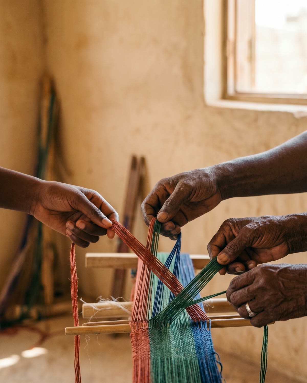 Trois paires de mains — jeune, mature, âgée — tissant ensemble un fil terre cuite, un fil vert et un fil indigo sur un métier traditionnel, métaphore des trois fils d'EJOM
